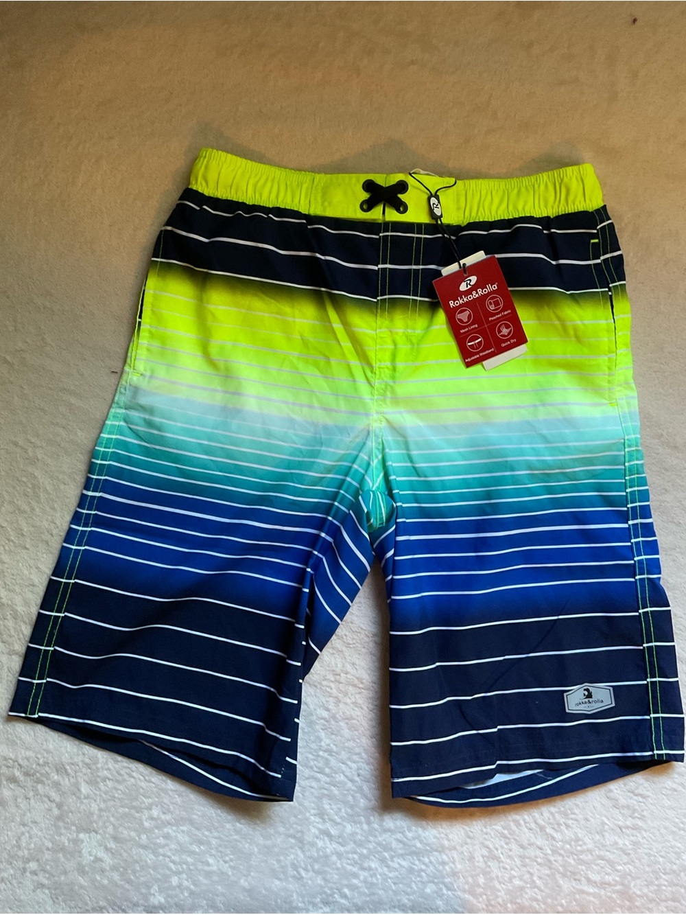 Rokka&Rolla Boys' UPF 50+ Quick Dry Swim Trunks with Mesh Lining Stripe Neon XL